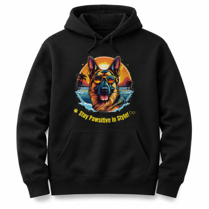 Jet Black German Shepherd Stay Pawsitive in Style unisex hoodie front product mockup