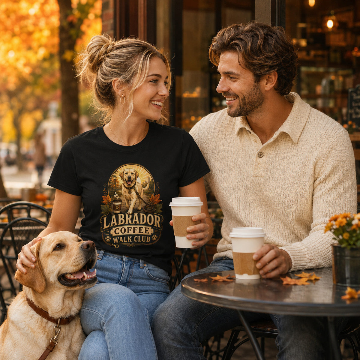 Couple drinking coffee at an outdoor café with the woman wearing the black Labrador Coffee Walk Club T-shirt and a Labrador dog beside them.