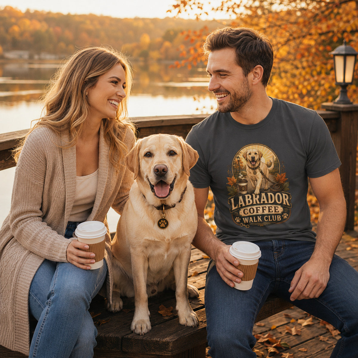 Lakeside couple mockup showing the graphite Labrador Coffee Walk Club T-shirt in an autumn outdoor scene, with the man wearing the graphite tee while sitting with a woman, coffee cups, and a Labrador dog.