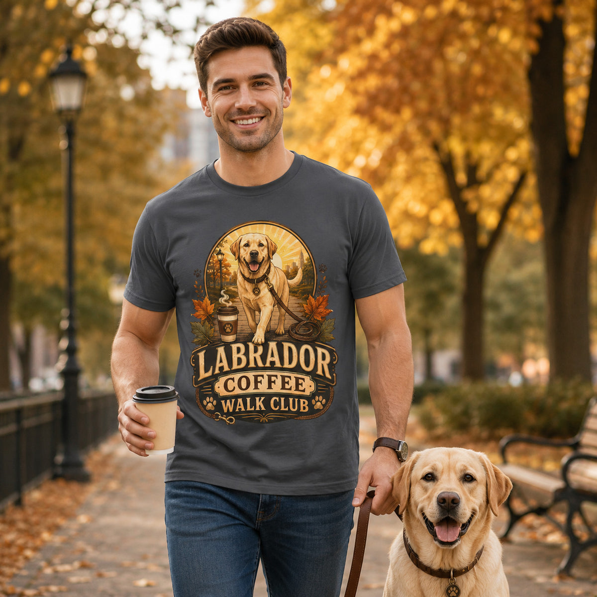 Man wearing the graphite Labrador Coffee Walk Club T-shirt while walking with a Labrador dog in an autumn park scene, with the front design clearly visible on the graphite tee.