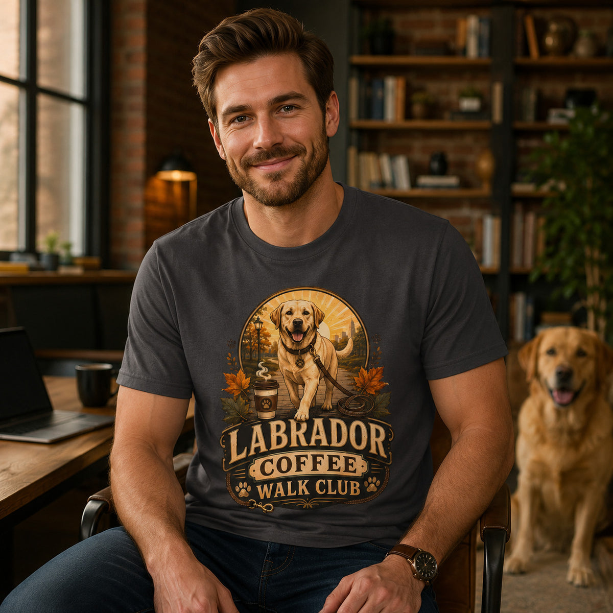 Man wearing the graphite Labrador Coffee Walk Club T-shirt in an indoor work-from-home setting, seated with a Labrador dog in the background and the front design clearly visible on the graphite shirt.