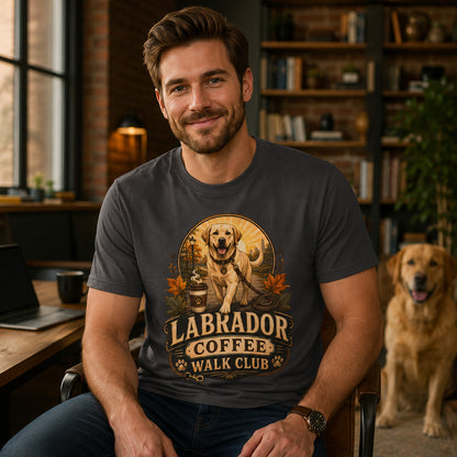 Man wearing the graphite Labrador Coffee Walk Club T-shirt in an indoor work-from-home setting, seated with a Labrador dog in the background and the front design clearly visible on the graphite shirt.
