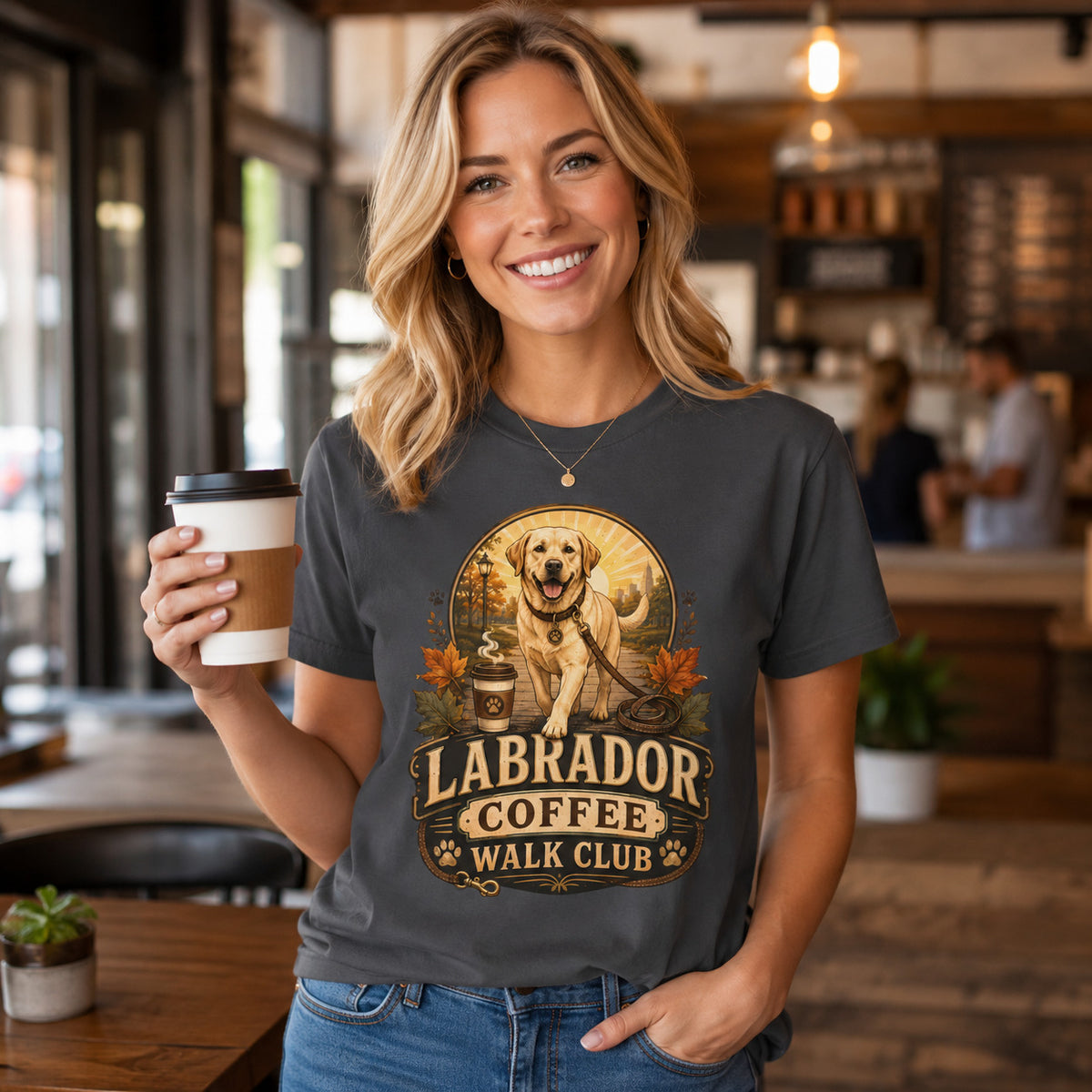 Woman wearing the graphite Labrador Coffee Walk Club T-shirt while holding a coffee cup inside a café, with the Labrador autumn graphic clearly displayed on the graphite shirt.