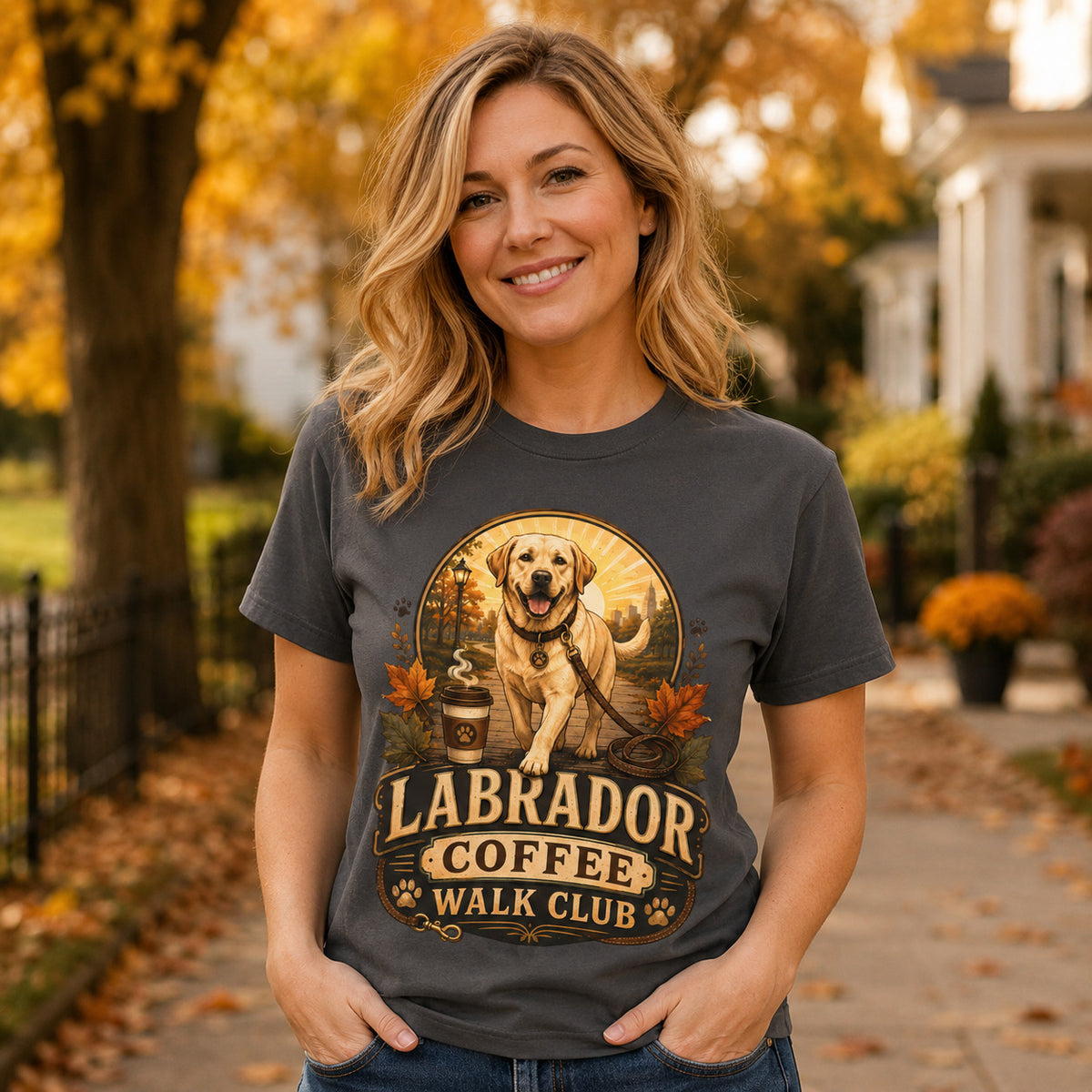 Woman wearing the graphite Labrador Coffee Walk Club T-shirt in an autumn outdoor lifestyle setting, with the Labrador dog and coffee-themed front design clearly visible on the graphite color tee.