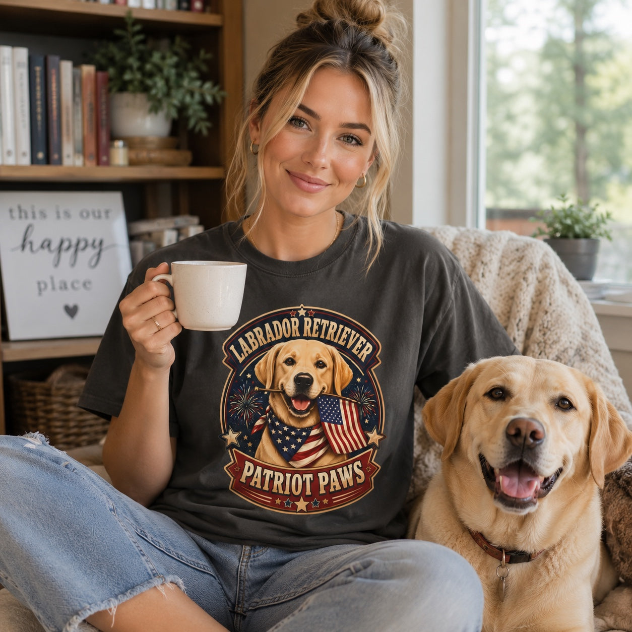Woman in graphite Labrador Retriever Patriot Paws t-shirt holding coffee mug indoors near bookshelf