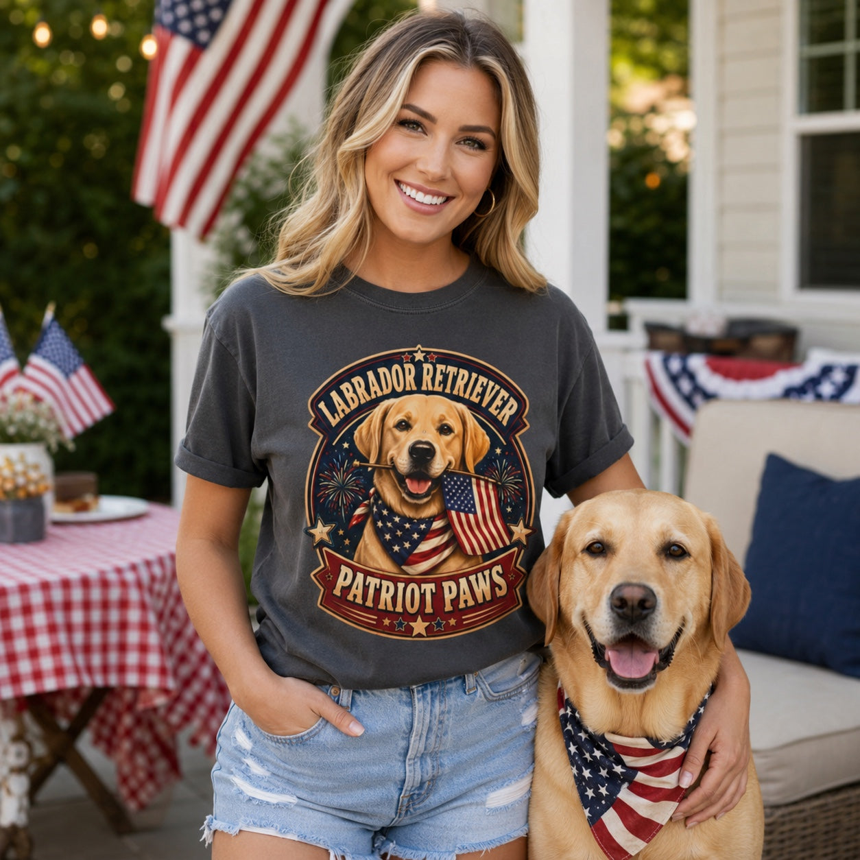 Woman wearing graphite Labrador Retriever Patriot Paws t-shirt seated at outdoor cafe table with her dog and flags