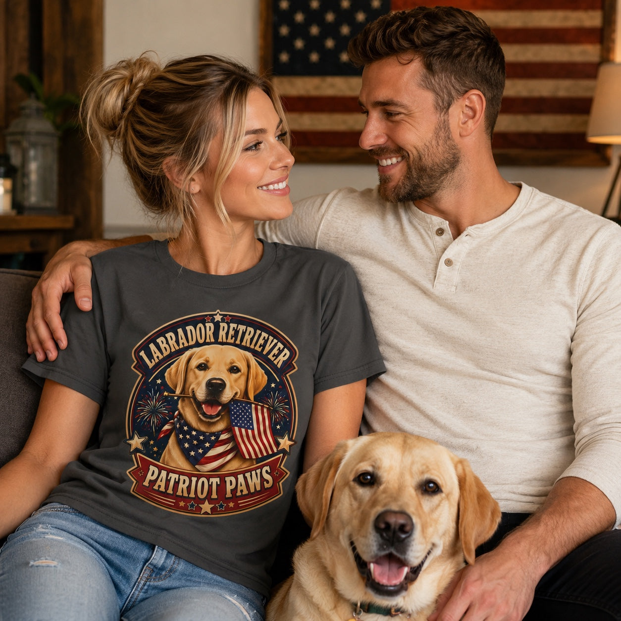 Couple and Labrador Retriever on porch near Home Sweet Home sign, woman wearing graphite patriotic dog tee