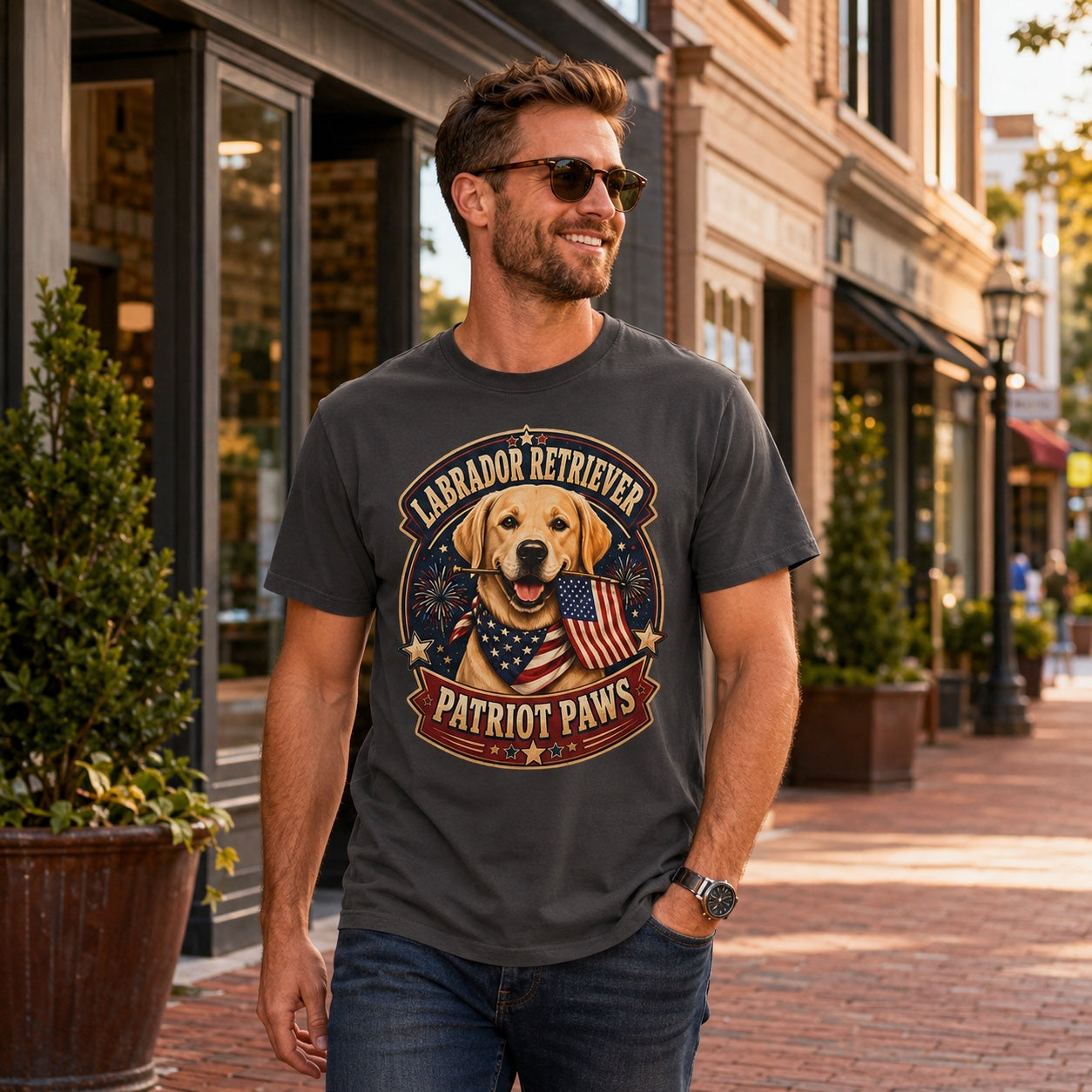 Man walking his Labrador Retriever wearing graphite Patriot Paws American flag dog t-shirt past storefronts