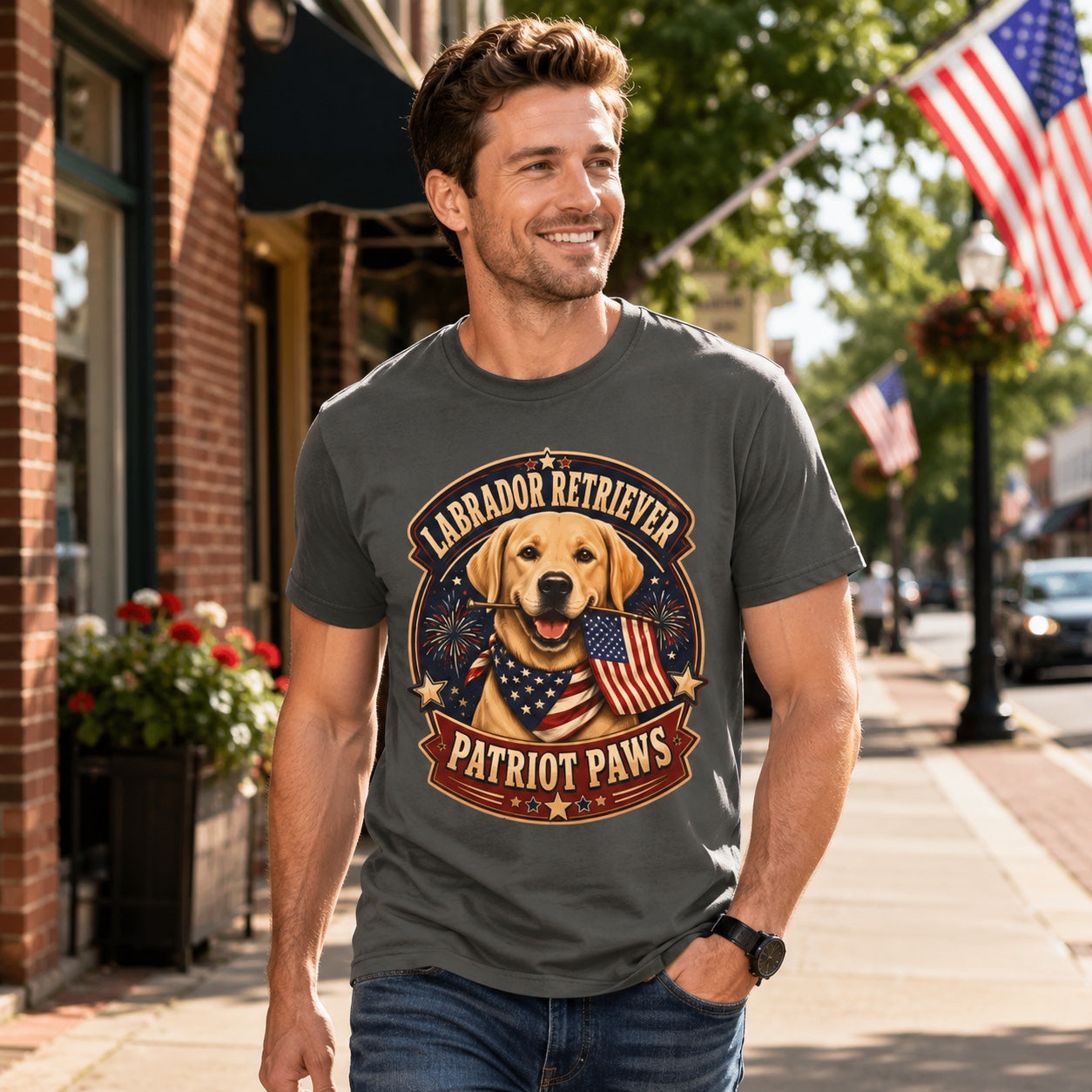 Woman holding coffee cup outdoors, wearing pepper Labrador Retriever Patriot Paws American flag tee