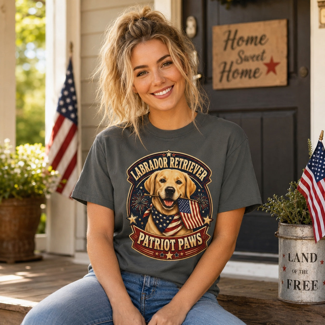 Couple sitting on couch with their Labrador Retriever, woman wearing pepper Patriot Paws American flag dog t-shirt