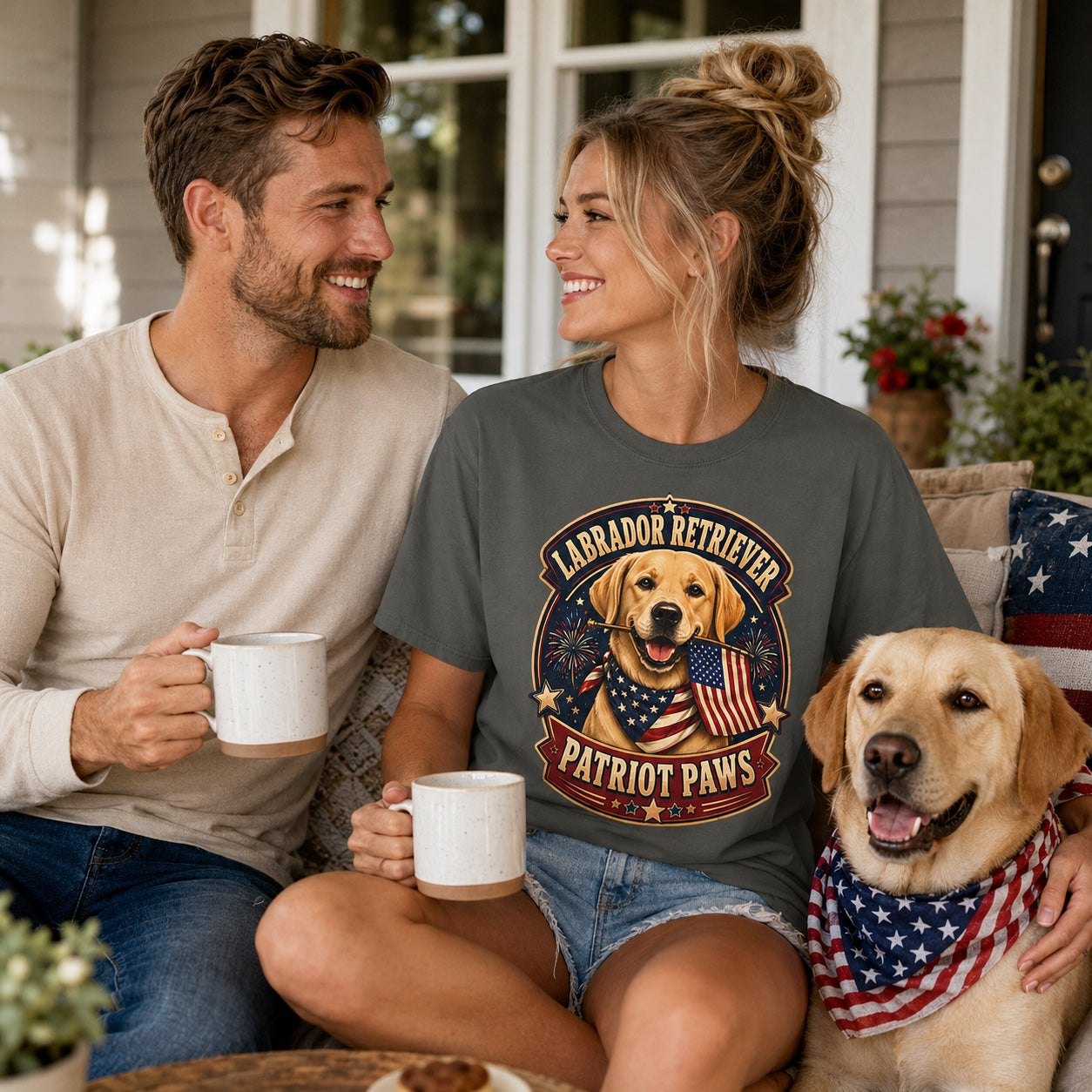 Couple and their Labrador Retriever relaxing on front porch, woman wearing pepper patriotic dog lover t-shirt