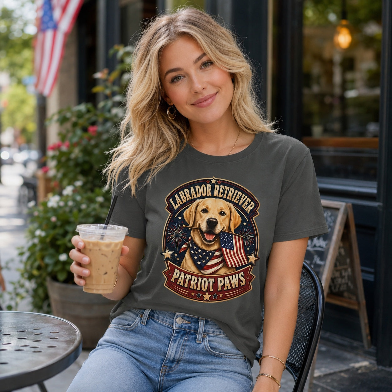 Woman seated outside cafe with her Labrador Retriever, wearing pepper patriotic dog lover t-shirt and jeans