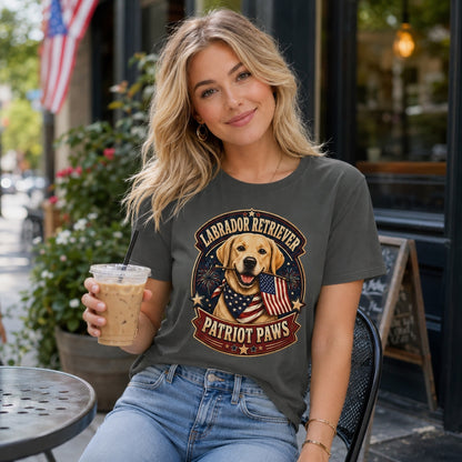 Woman seated outside cafe with her Labrador Retriever, wearing pepper patriotic dog lover t-shirt and jeans