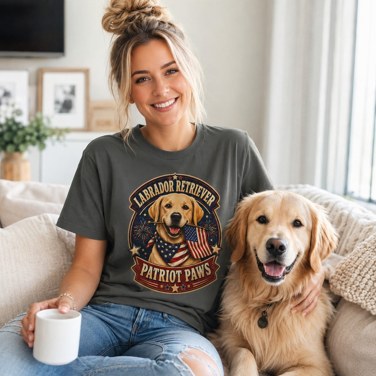 Man posing near storefront wearing pepper Labrador Retriever Patriot Paws dog t-shirt with American flag