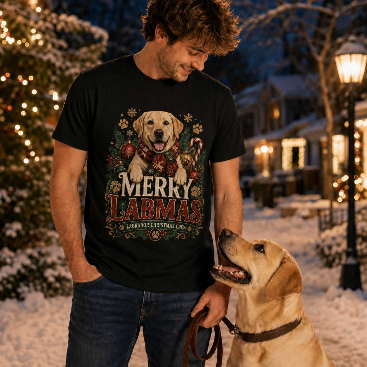 Man wearing a black Merry Labmas t-shirt with a Labrador on a snowy Christmas street