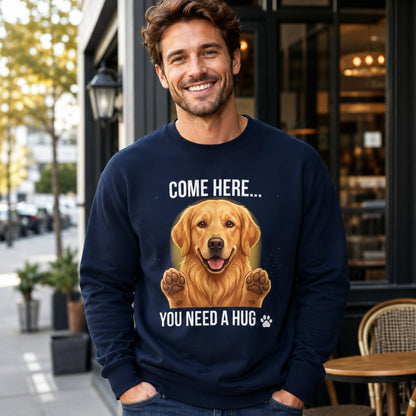 Man wearing a navy dog lover sweatshirt featuring a Golden Retriever hug design outside a cafe.