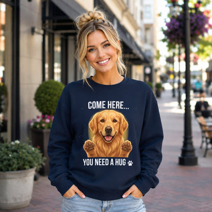 Woman wearing a navy Golden Retriever sweatshirt with a cute dog hug design at an outdoor flower market.