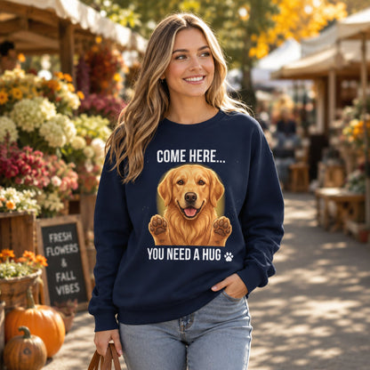 Woman wearing a navy Golden Retriever sweatshirt with a cute dog hug design at an outdoor flower market.