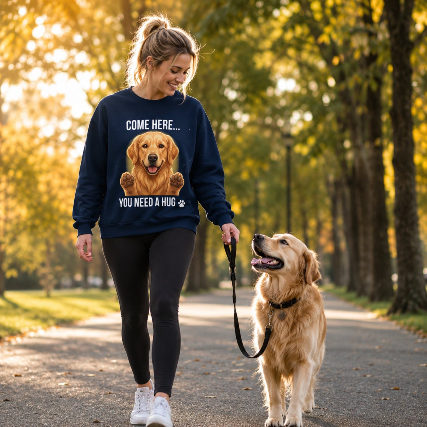 Woman wearing a navy Golden Retriever sweatshirt while walking with a real Golden Retriever dog in the park.