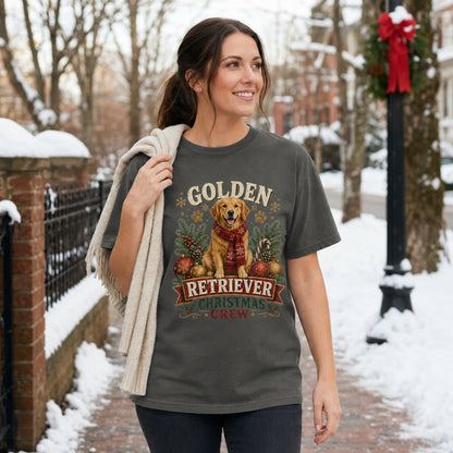 Golden Retriever Christmas Crew t-shirt in pepper styled in a snowy neighborhood