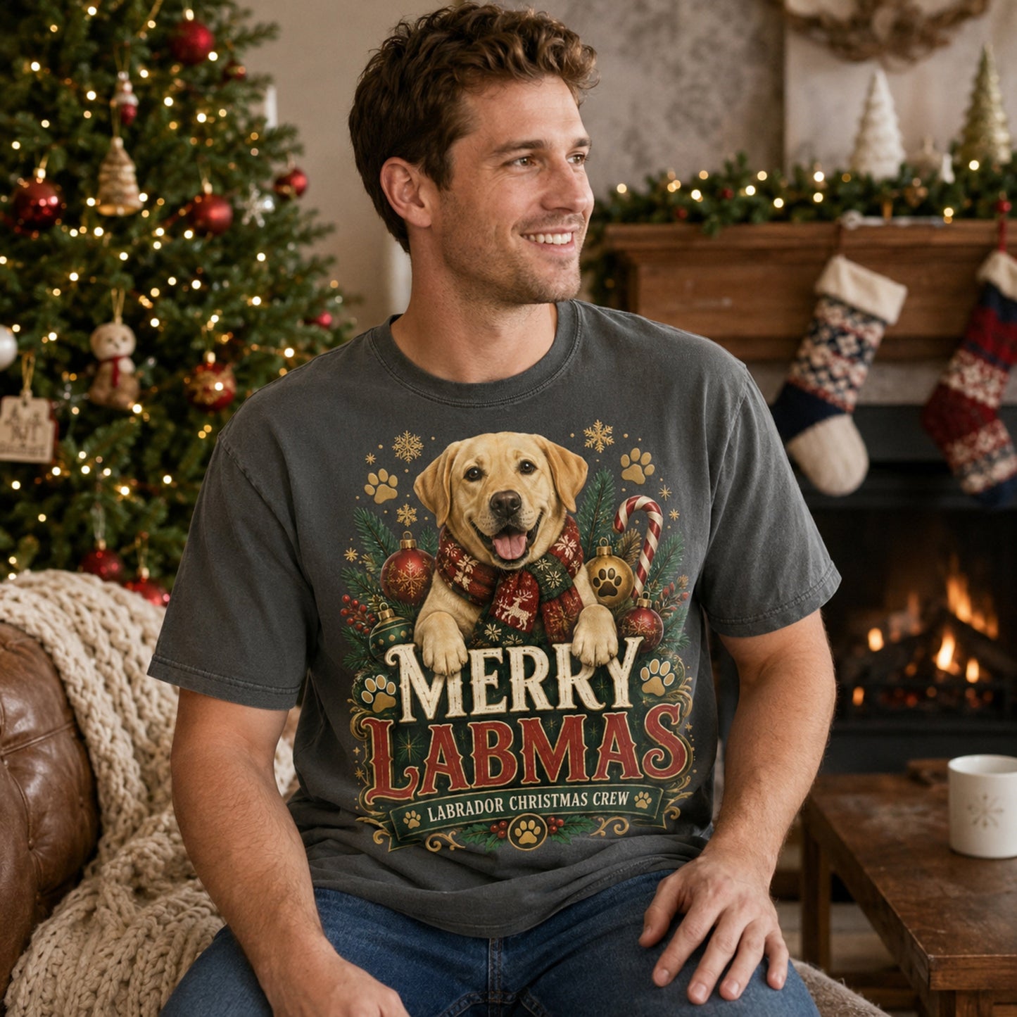 Man wearing a pepper Merry Labmas t-shirt by a cabin fireplace with stockings