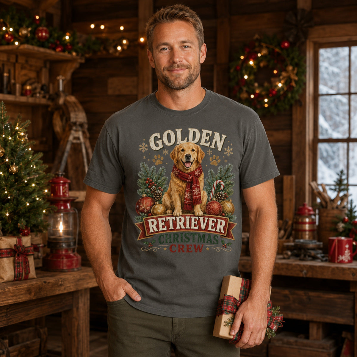 Golden Retriever Christmas Crew t-shirt in pepper styled in a holiday gift-wrapping workshop