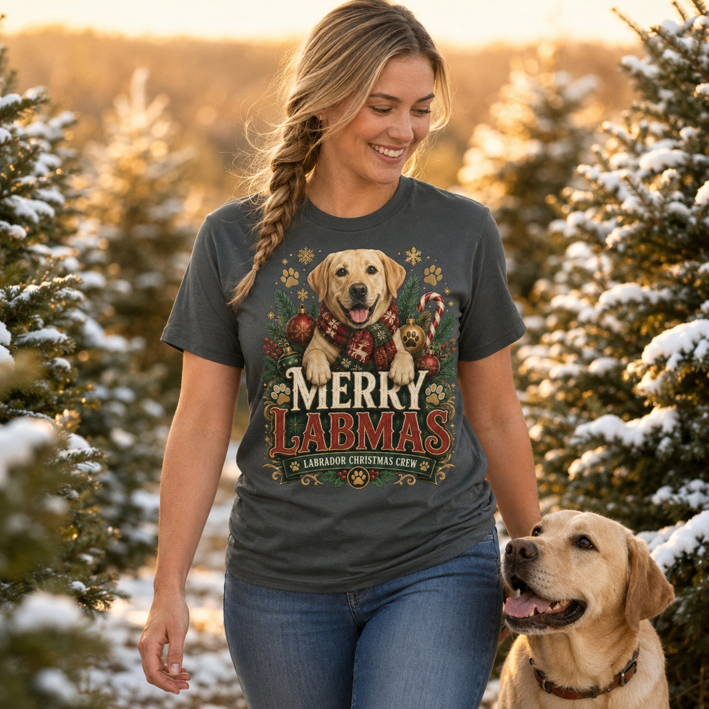 Woman wearing a pepper Merry Labmas t-shirt walking her dog in the snow