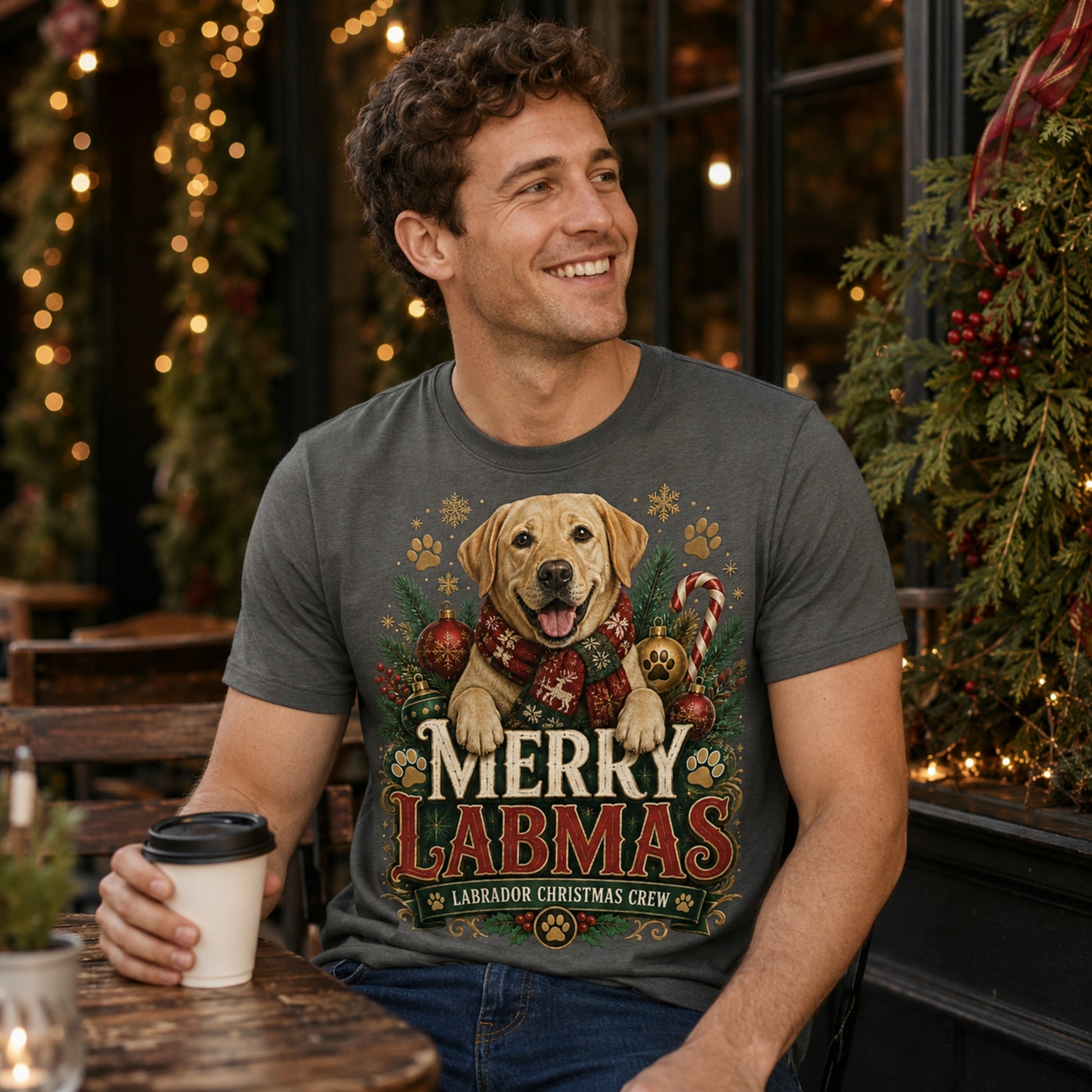 Man wearing a pepper Merry Labmas t-shirt holding coffee on a festive porch