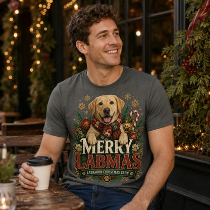 Man wearing a pepper Merry Labmas t-shirt holding coffee on a festive porch