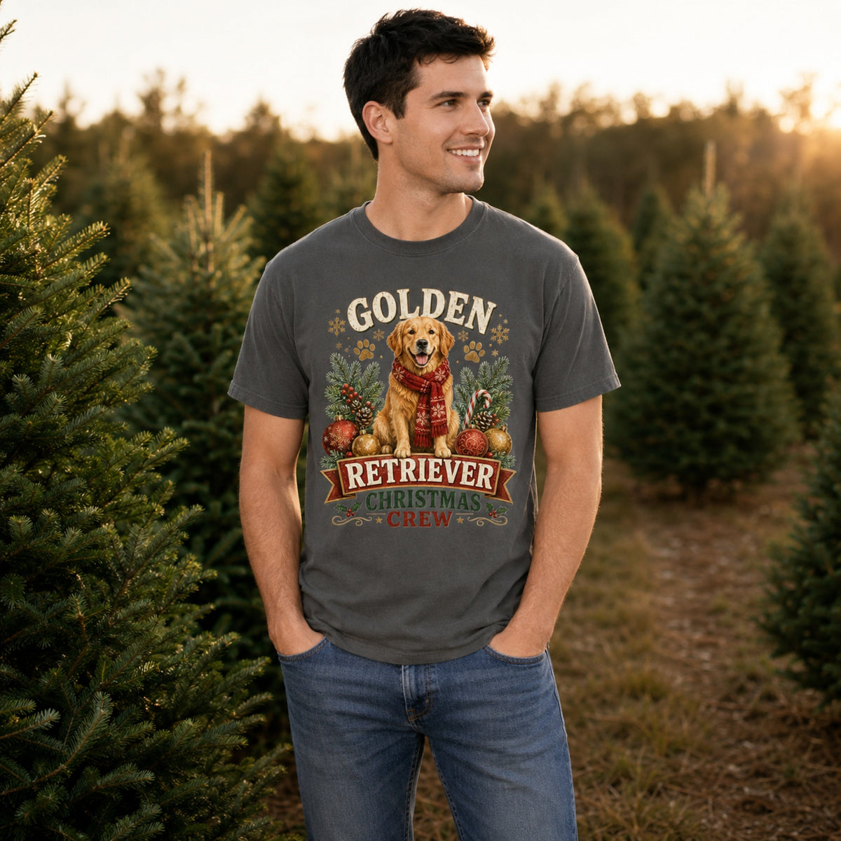 Golden Retriever Christmas Crew t-shirt in pepper styled at a Christmas tree farm