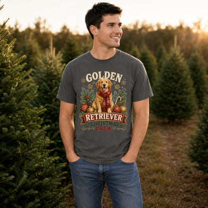 Golden Retriever Christmas Crew t-shirt in pepper styled at a Christmas tree farm