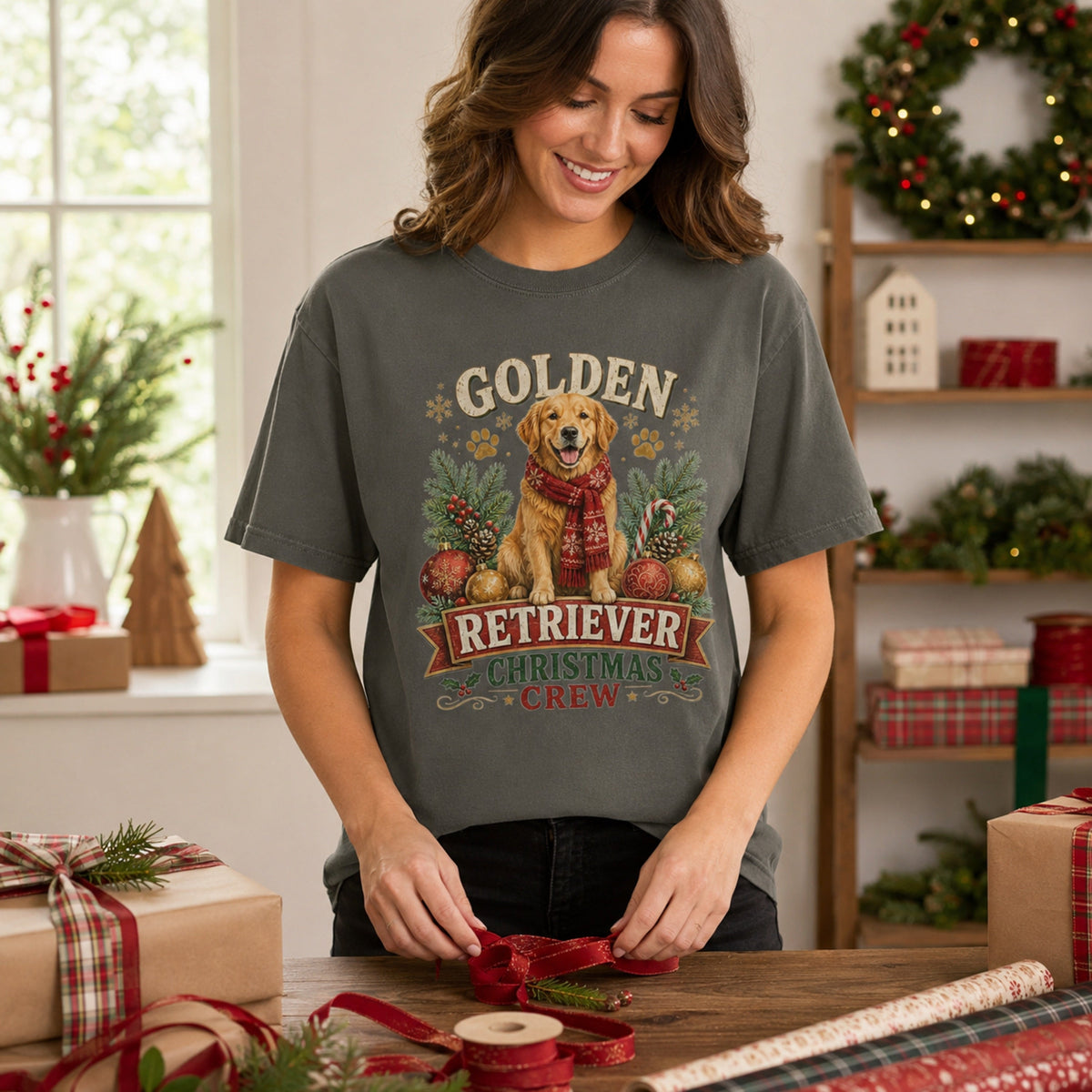 Golden Retriever Christmas Crew t-shirt in pepper styled during holiday gift wrapping