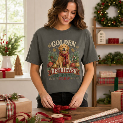 Golden Retriever Christmas Crew t-shirt in pepper styled during holiday gift wrapping