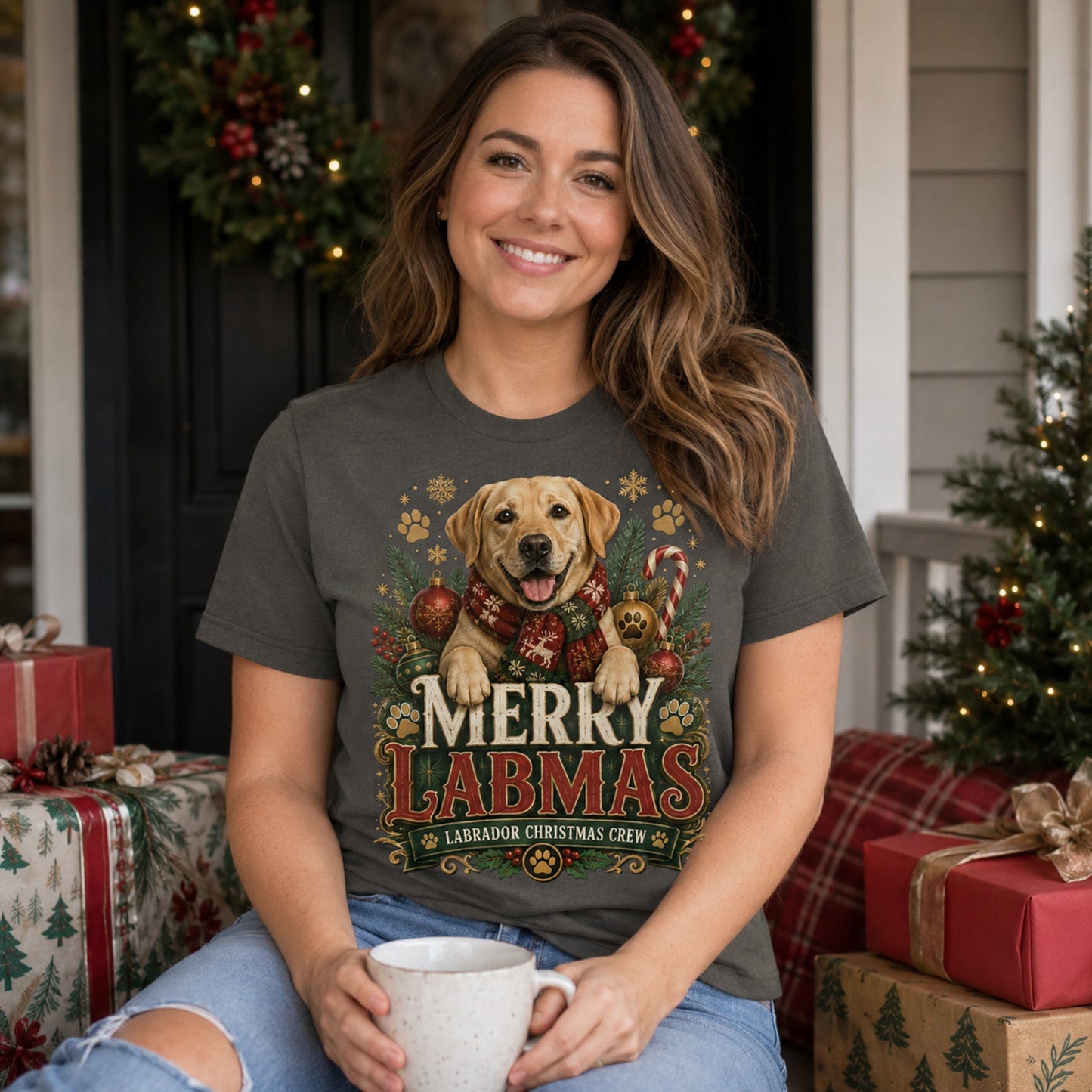 Woman wearing a pepper Merry Labmas t-shirt holding a mug among holiday gifts