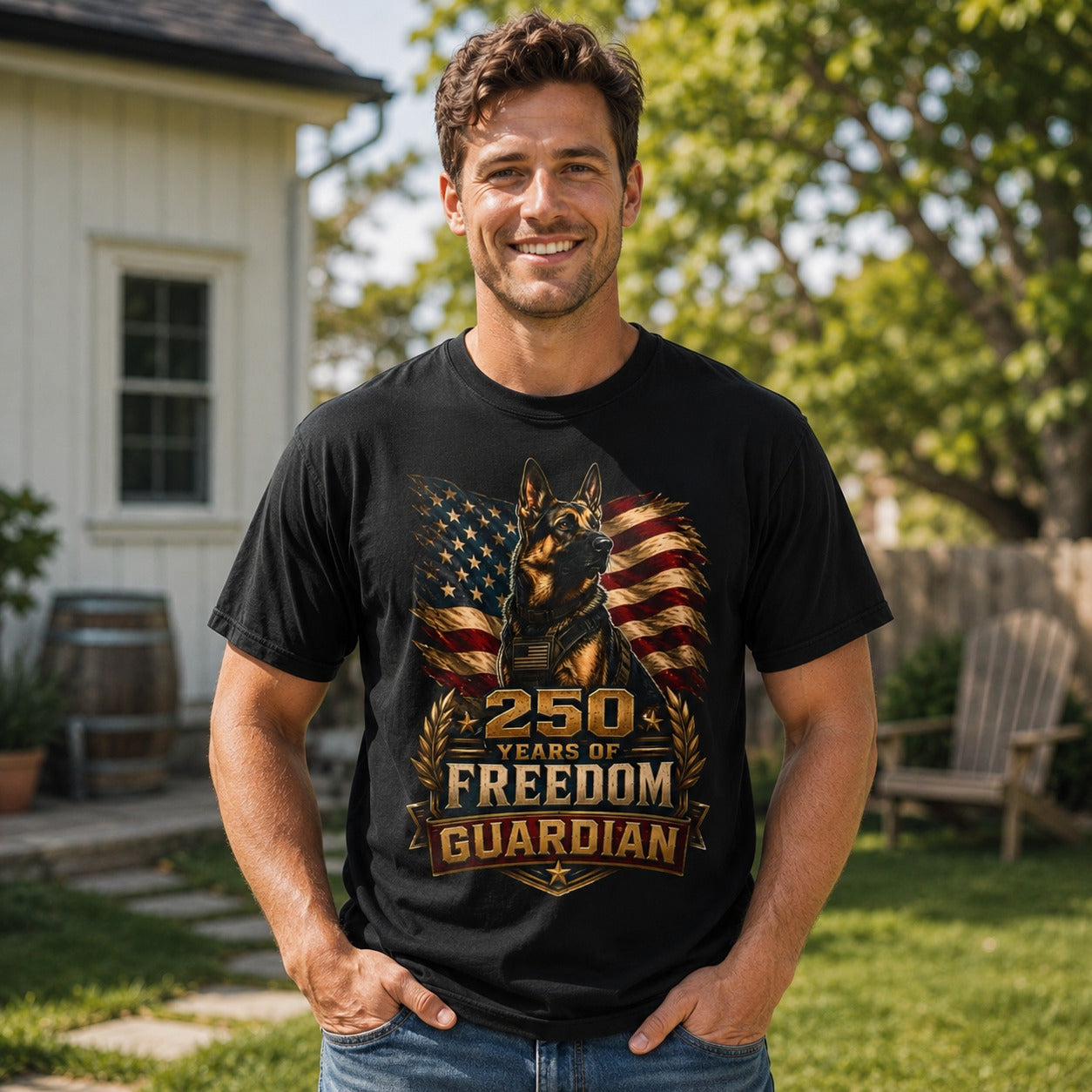 Man wearing a black “250 Years Freedom Guardian” T-shirt in a front yard with a patriotic home background.
