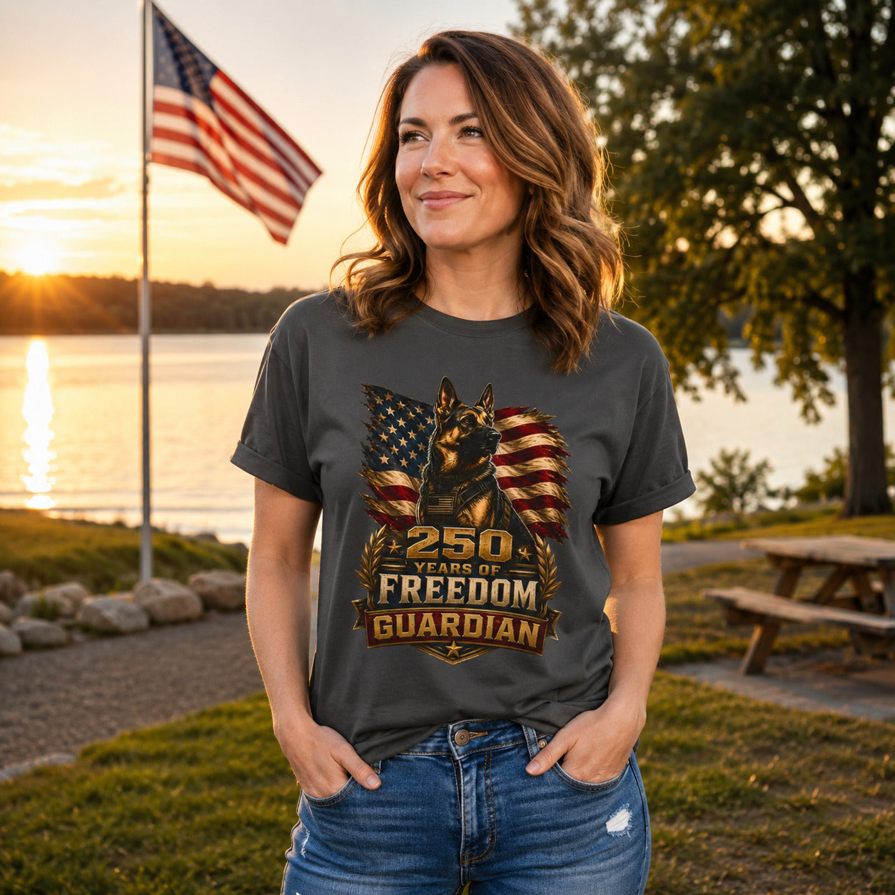Woman wearing a graphite “250 Years Freedom Guardian” T-shirt beside a sunset lake with an American flag.