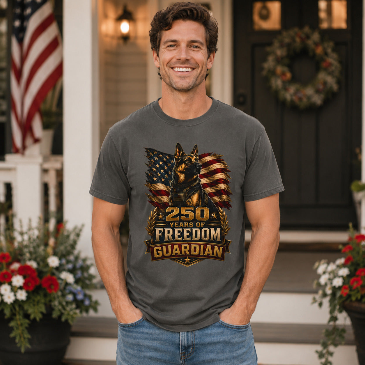 Man wearing a pepper “250 Years Freedom Guardian” T-shirt outside a patriotic home porch.