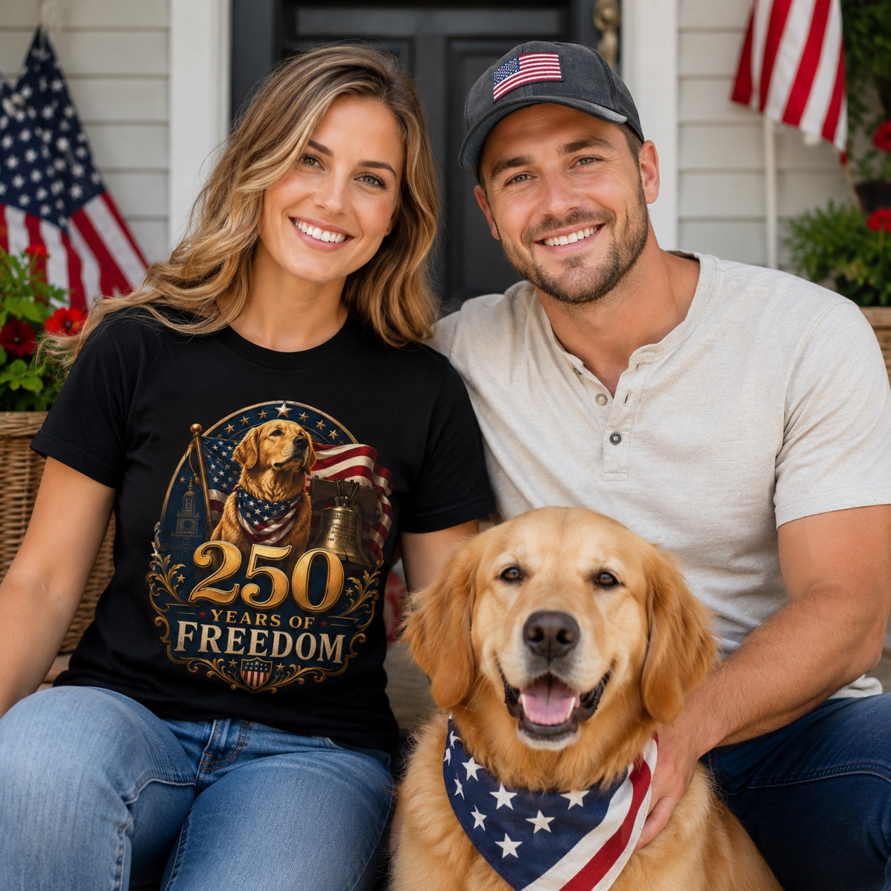 Couple sitting on porch steps with their golden retriever in a flag bandana, wearing black '250 Years of Freedom' t-shirts