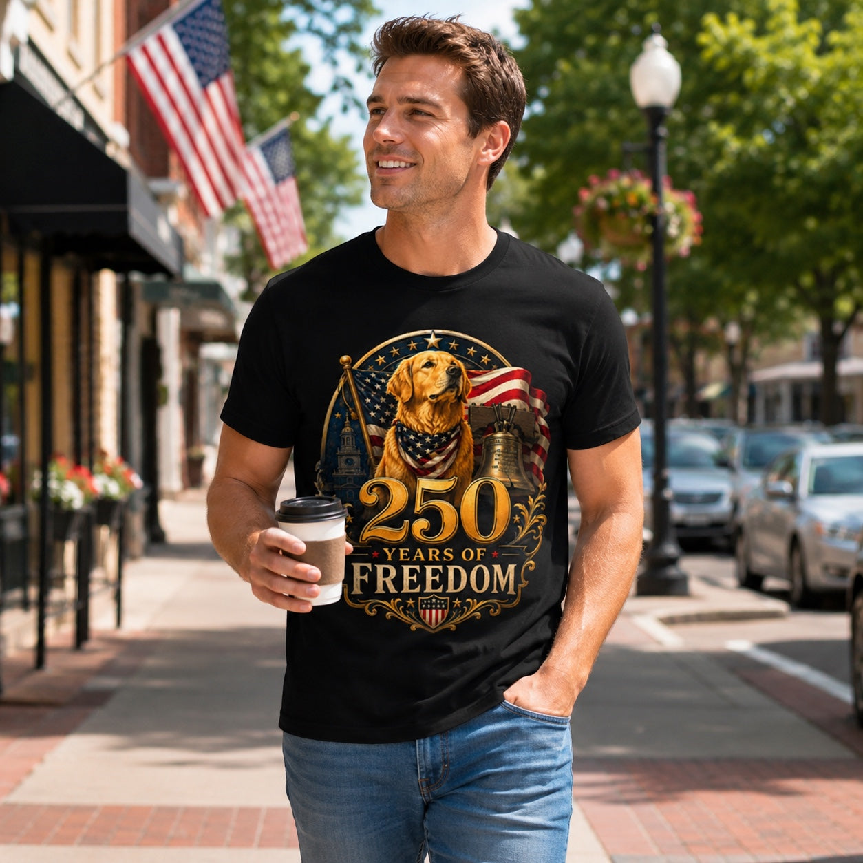 Man holding a coffee cup on a flag-lined street, wearing black '250 Years of Freedom' t-shirt