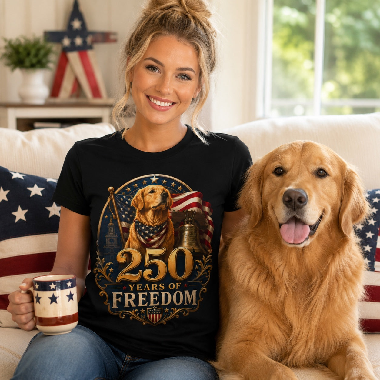 Woman sitting on a couch with her golden retriever and a mug, wearing black '250 Years of Freedom' t-shirt