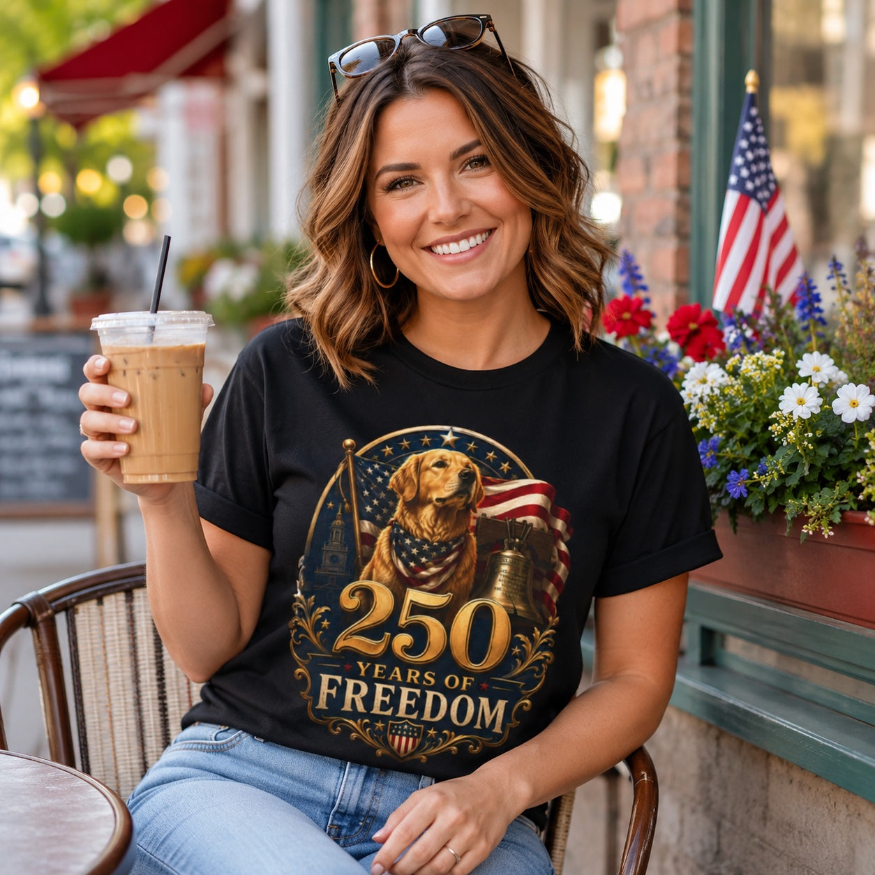 Woman sitting on a bench holding iced coffee, wearing black '250 Years of Freedom' t-shirt