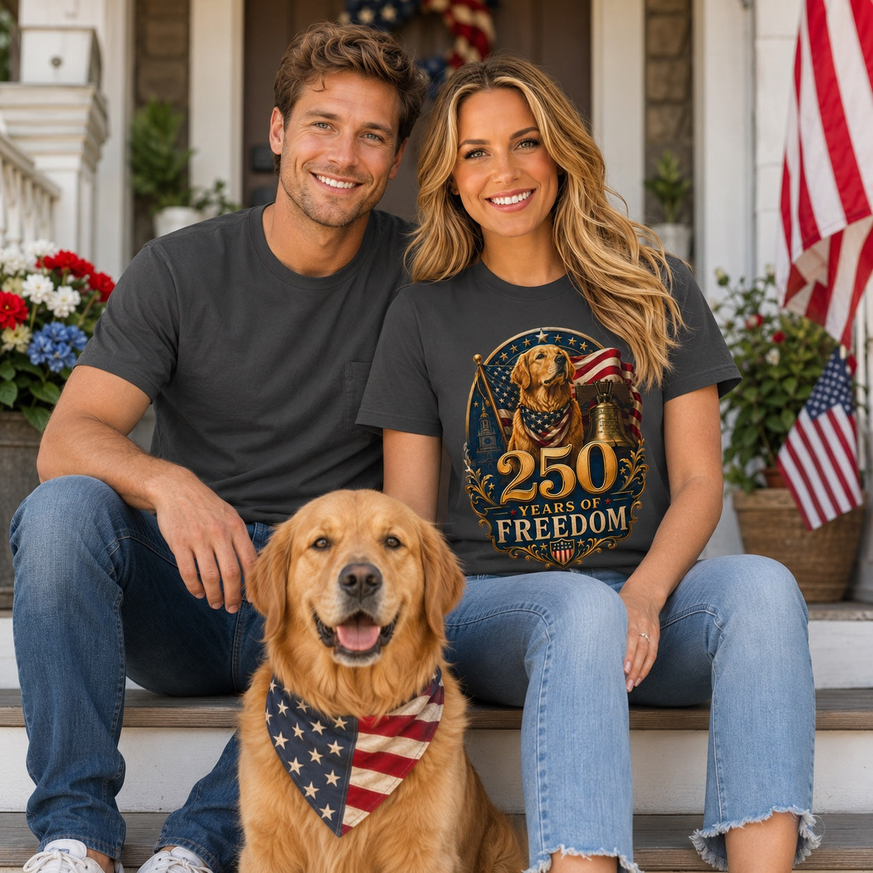 Couple sitting on porch steps with their golden retriever, wearing graphite '250 Years of Freedom' t-shirts