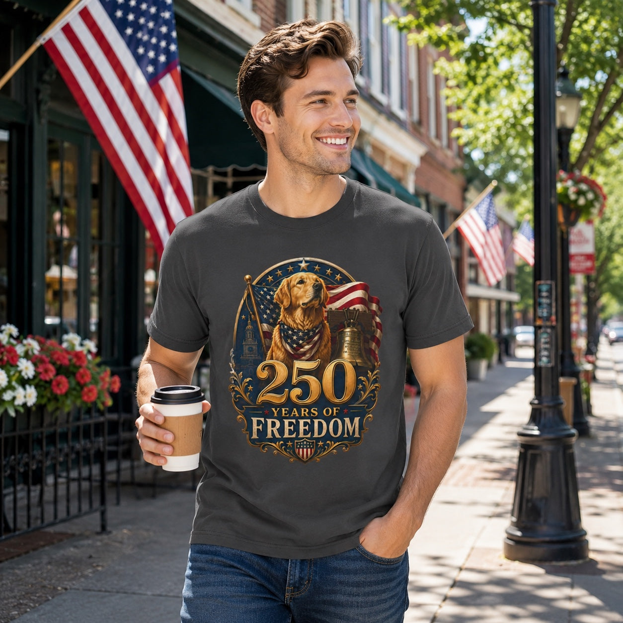 Man holding a coffee cup on a flag-lined street, wearing graphite '250 Years of Freedom' t-shirt