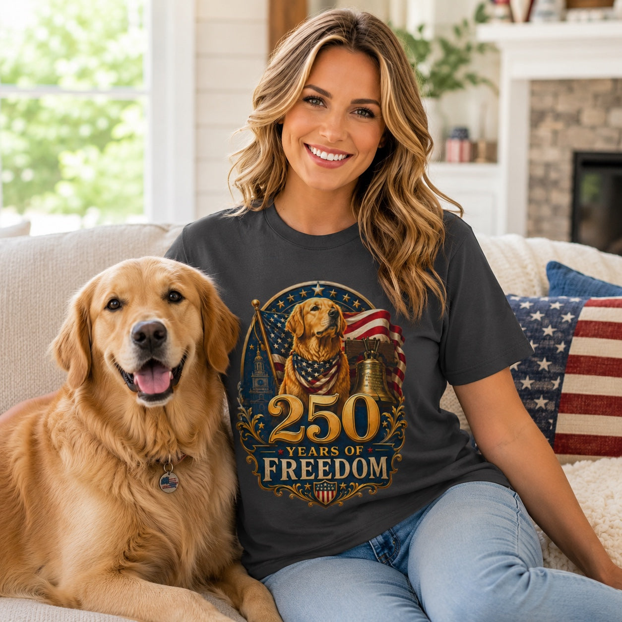Woman sitting with her golden retriever on a porch, wearing graphite '250 Years of Freedom' t-shirt