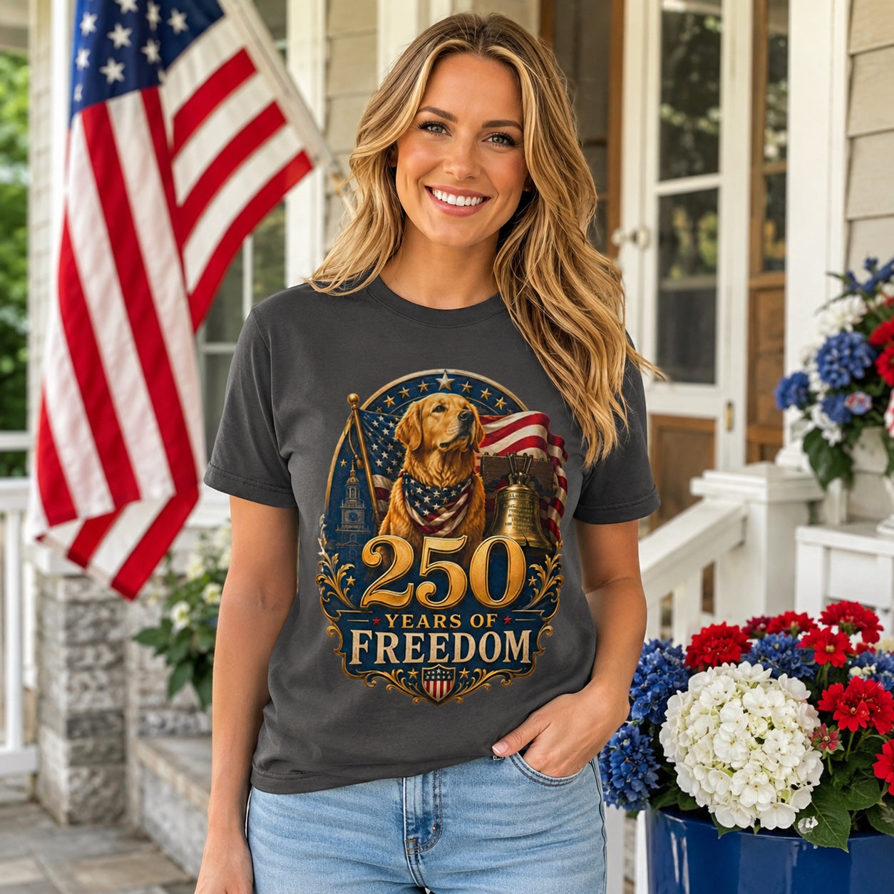 Woman standing on a flag-decorated porch with flowers, wearing graphite '250 Years of Freedom' t-shirt