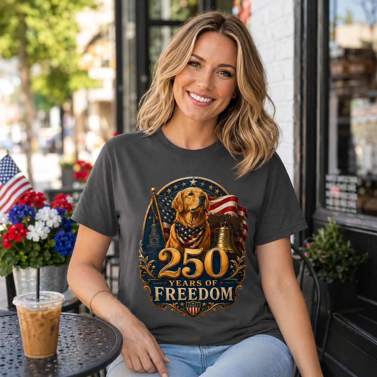Woman smiling on a flag-lined street, wearing graphite '250 Years of Freedom' t-shirt