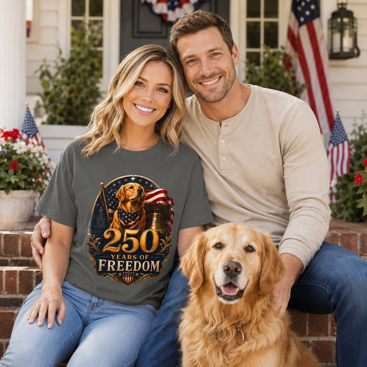 Couple sitting on porch steps with their golden retriever, wearing pepper '250 Years of Freedom' t-shirts