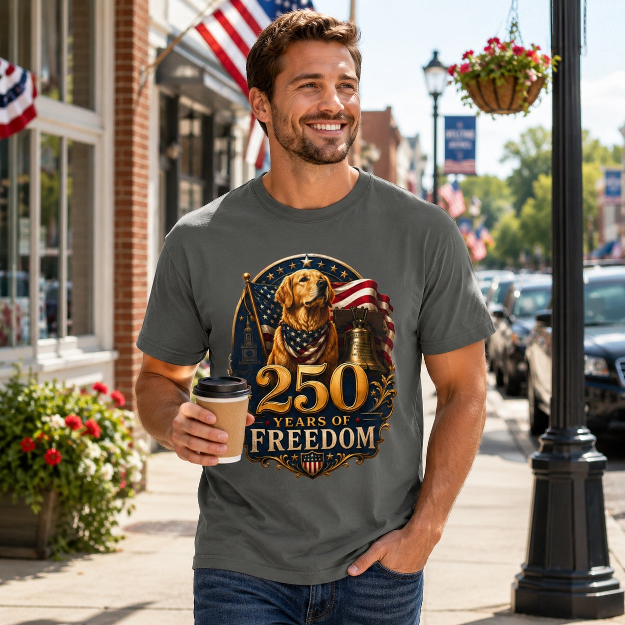 Man holding a coffee cup on a flag-lined street, wearing pepper '250 Years of Freedom' t-shirt