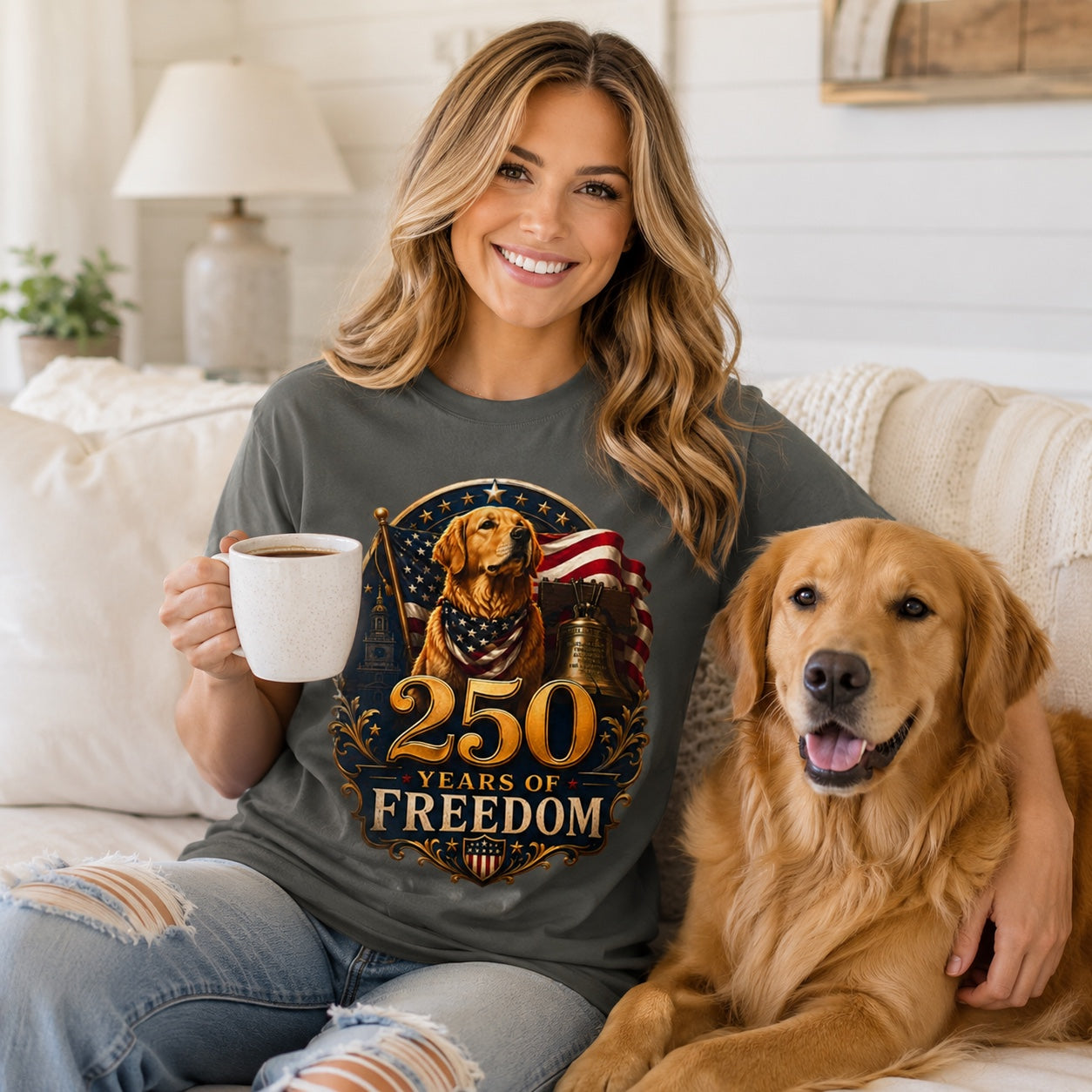 Woman sitting on a couch with her golden retriever and a mug, wearing pepper '250 Years of Freedom' t-shirt