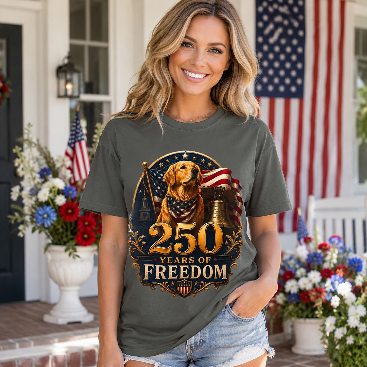 Woman standing on a flag-decorated porch with flowers, wearing pepper '250 Years of Freedom' t-shirt